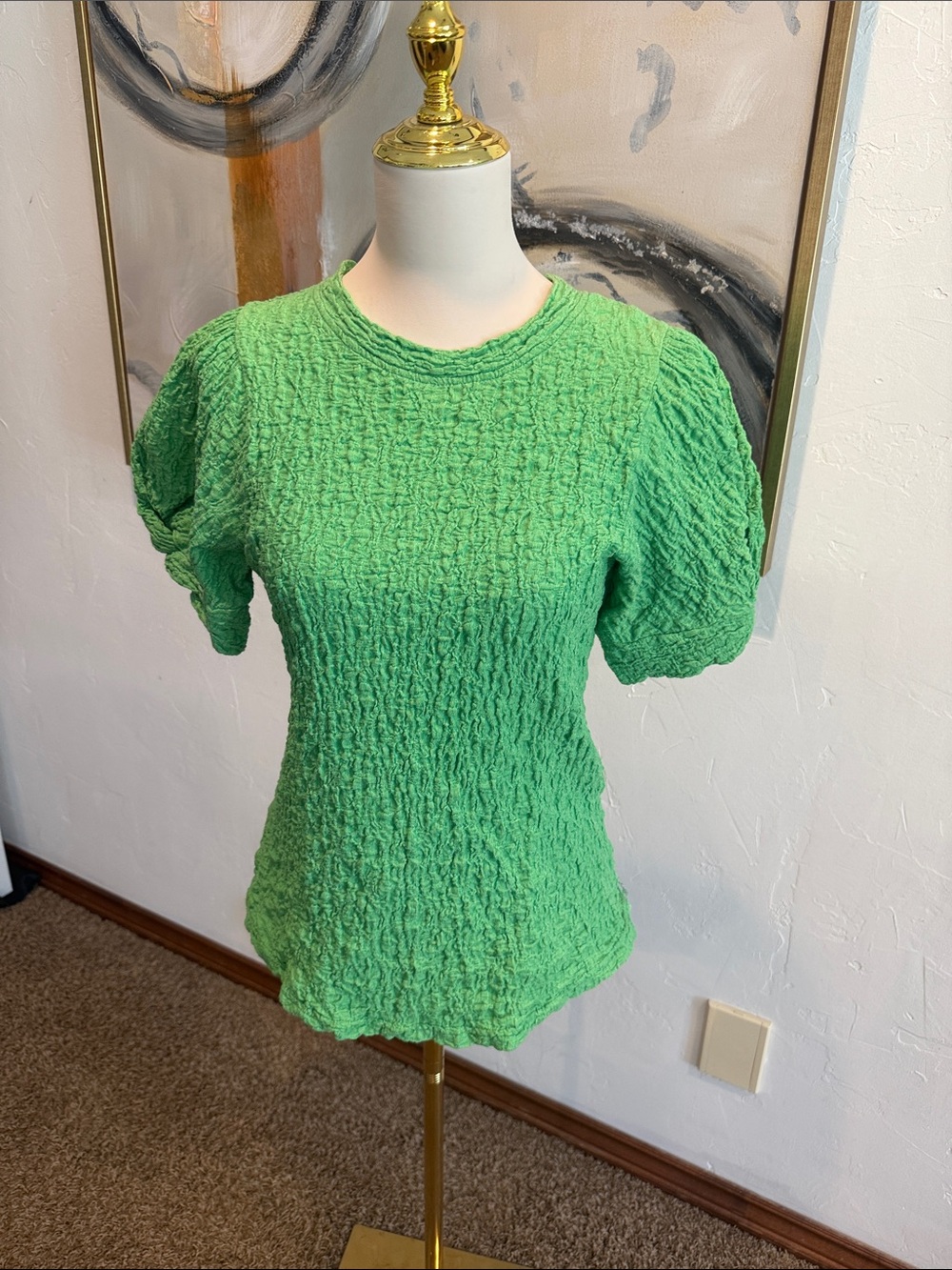 Ces Femme Bright Green Textured Puff Sleeve Tee